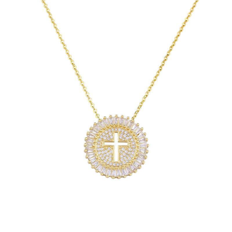 Colar Feminino Flor de Zircônia com Cruz Banhado a Ouro 18K
